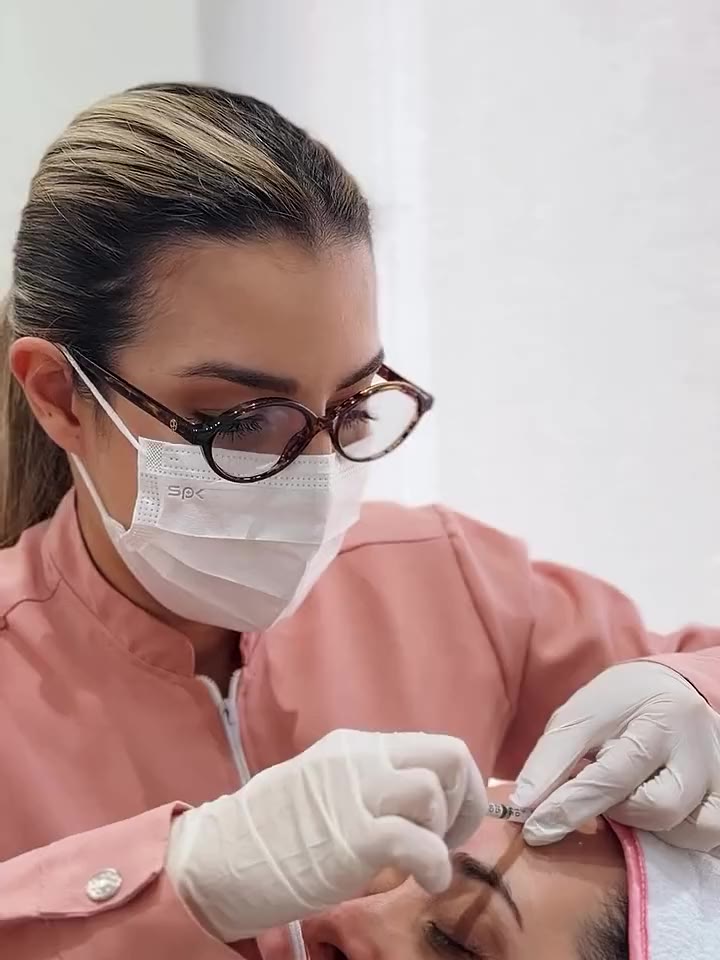 Dra. Karen Heiden aplicando botox na testa de uma paciente